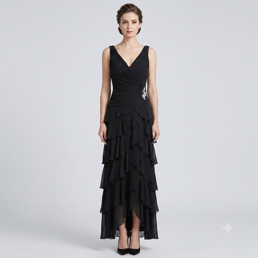 Tadashi Gown 100% Silk Black Tiered Ruffle Ruched Rhinestone Evening Dress Sz 4
